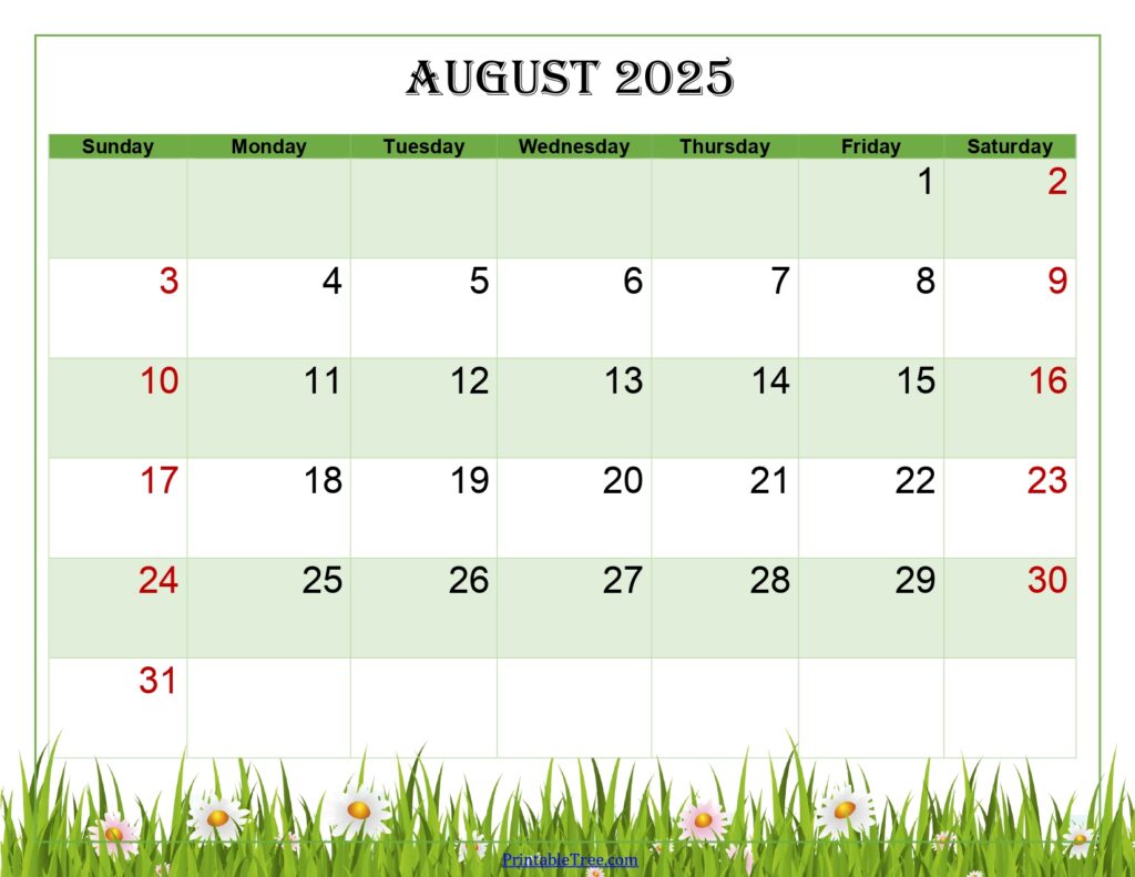 August 2025 Calendar Green Landscape