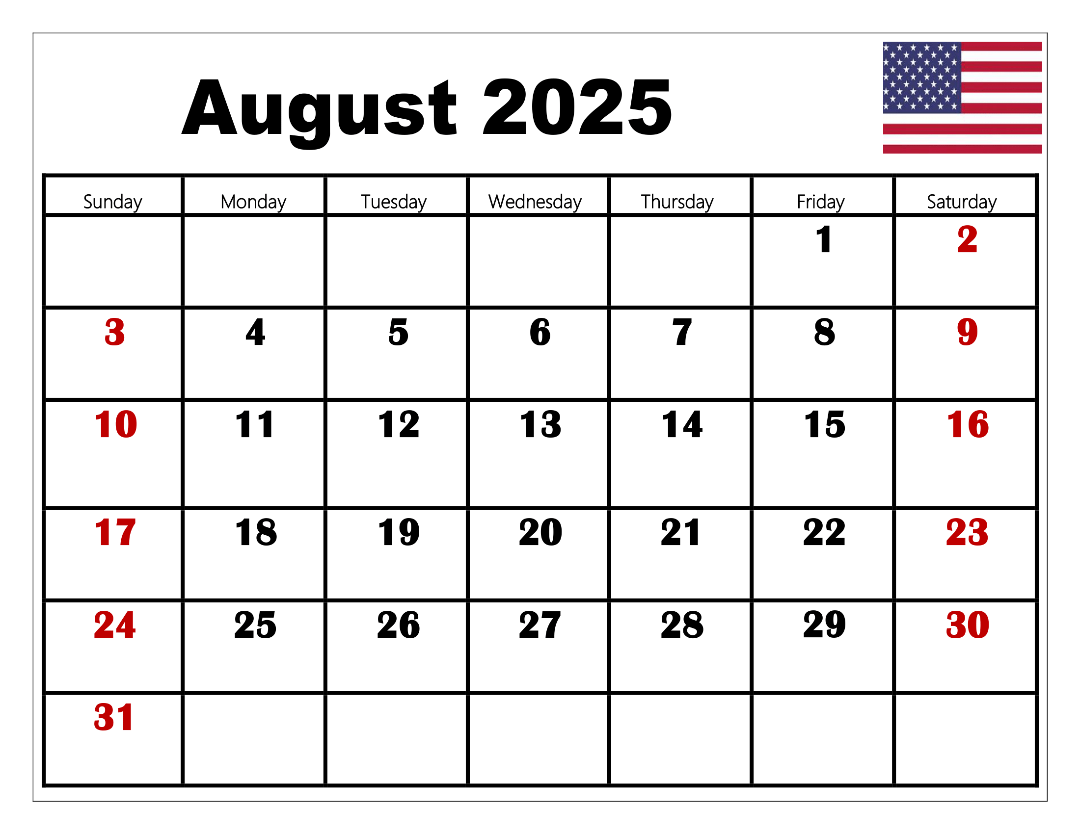 August 2025 Calendar Printable PDF Template with Holidays