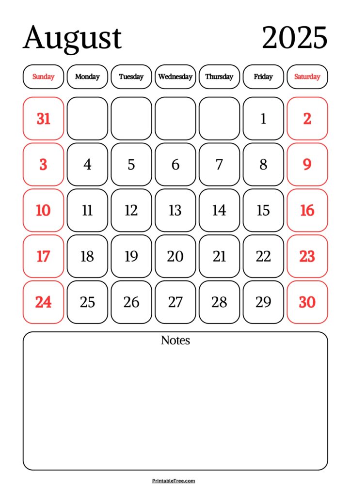 August 2025 Calendar with notes