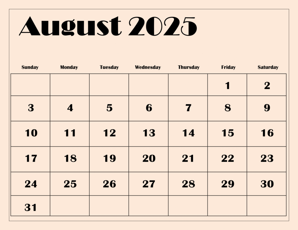 August 2025 Light Pink BG Calendar