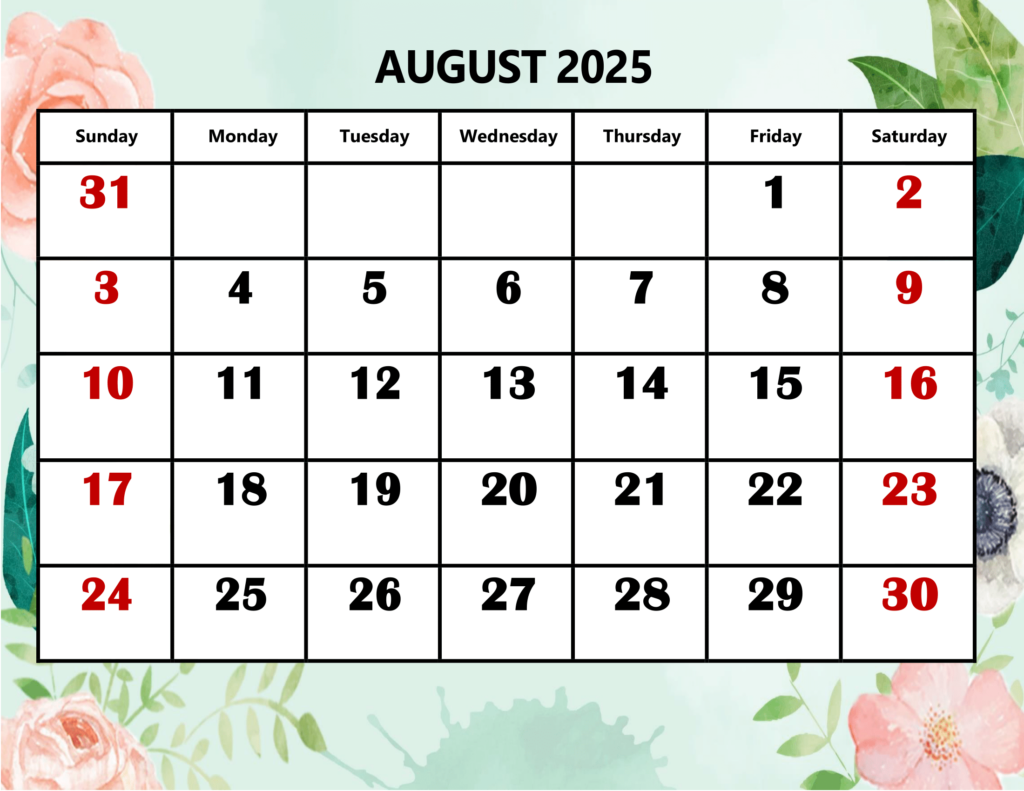 August 2025 Rose and Leaf Background Calendar