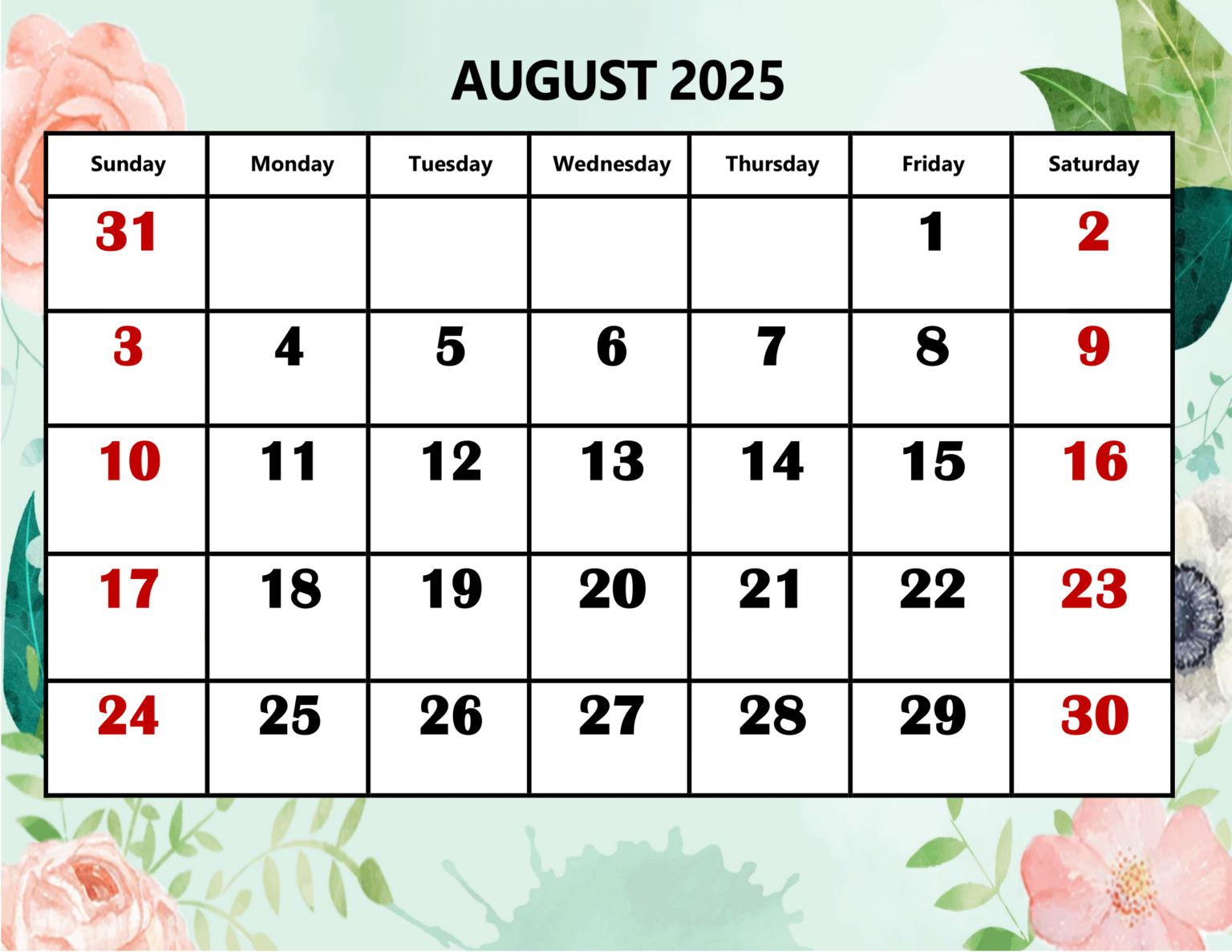 August 2025 Calendar Printable PDF Template with Holidays