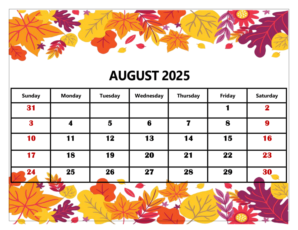 August 2025 Yellow Leaf Calendar Printable