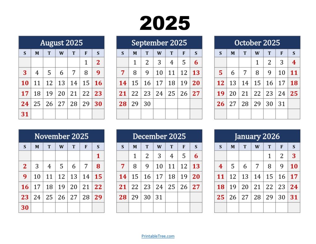 August 2025 to January 2026 Calendar