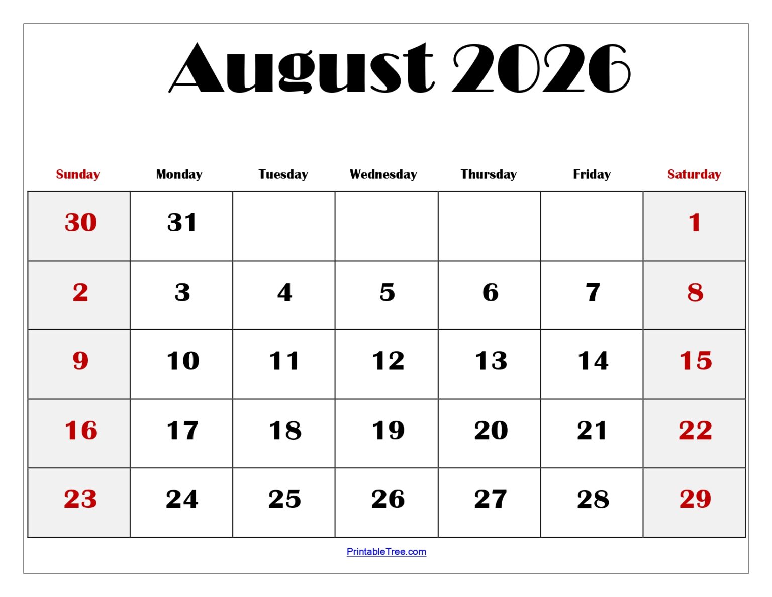 August 2026 Calendar Printable PDF with Holidays Template