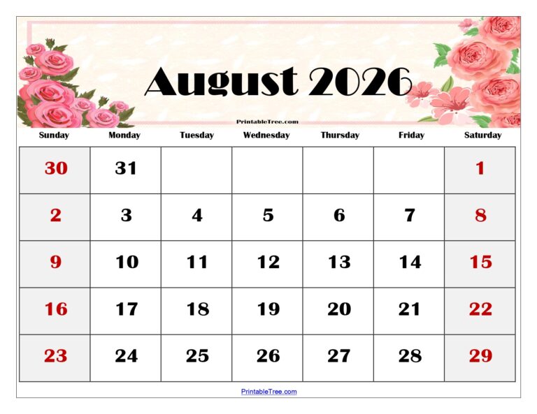 August 2026 Calendar Printable PDF with Holidays Template
