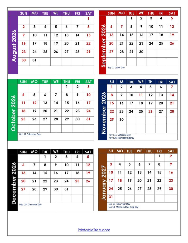 August 2026 to January 2027 Calendar with Holidays