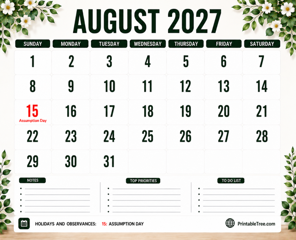 August 2027 Calendar Floral Style