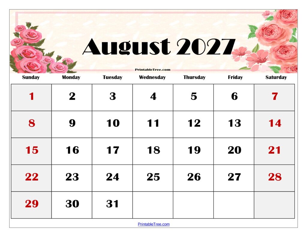 August 2027 Floral Calendar Printable