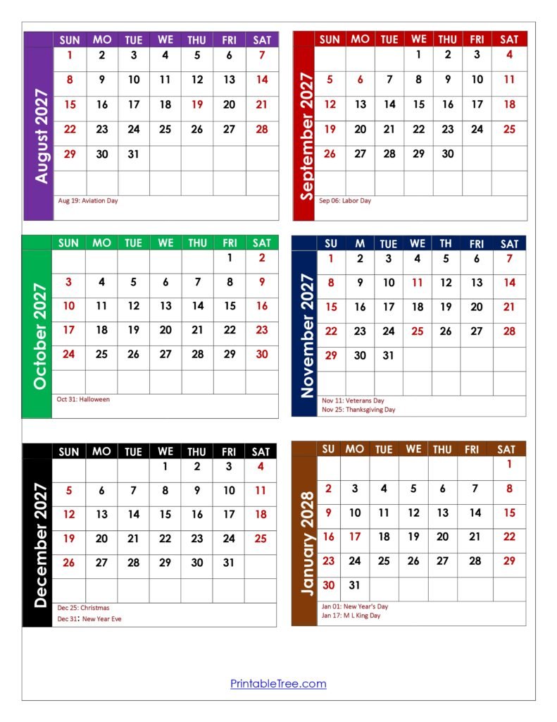 August 2027 to January 2028 Calendar with Holidays