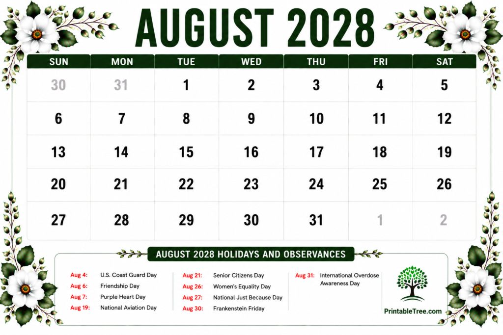 August 2028 Calendar with Holidays