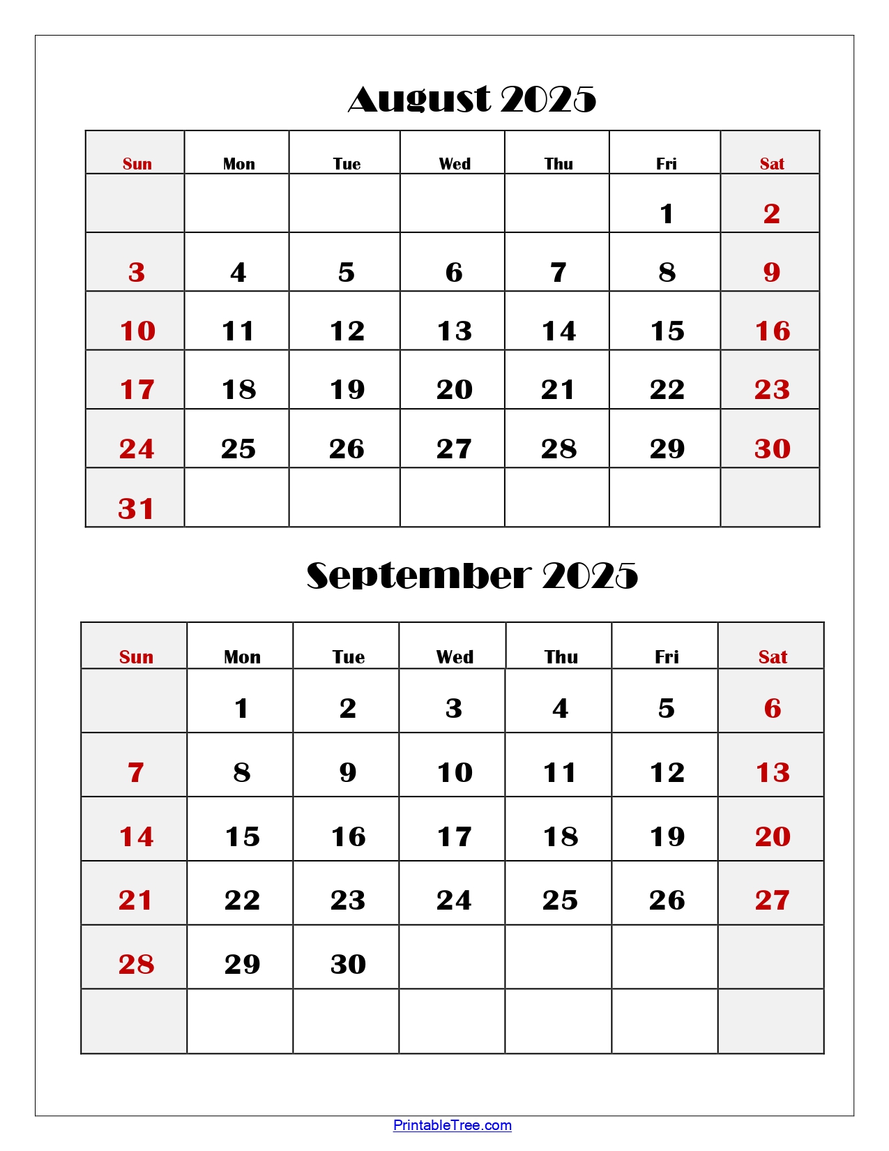 August and September 2025 Calendar Printable PDF | Two Months Calendar