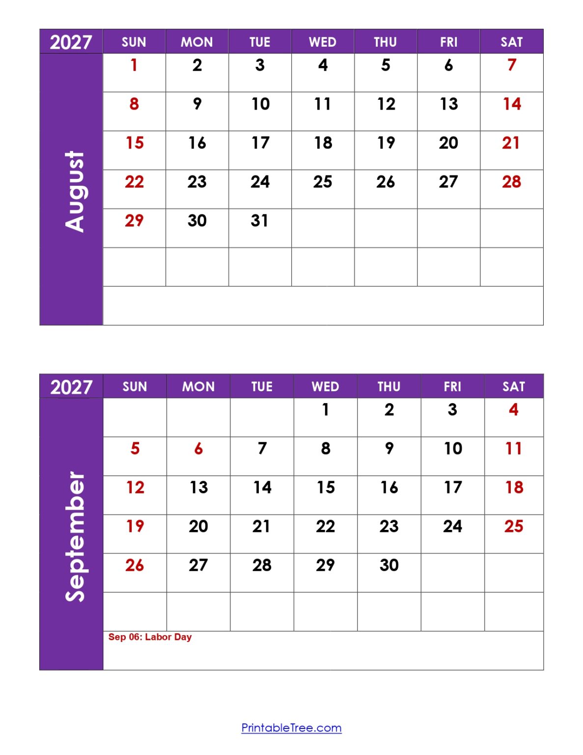 August and September 2027 Calendar Printable PDF | Two Months Calendar