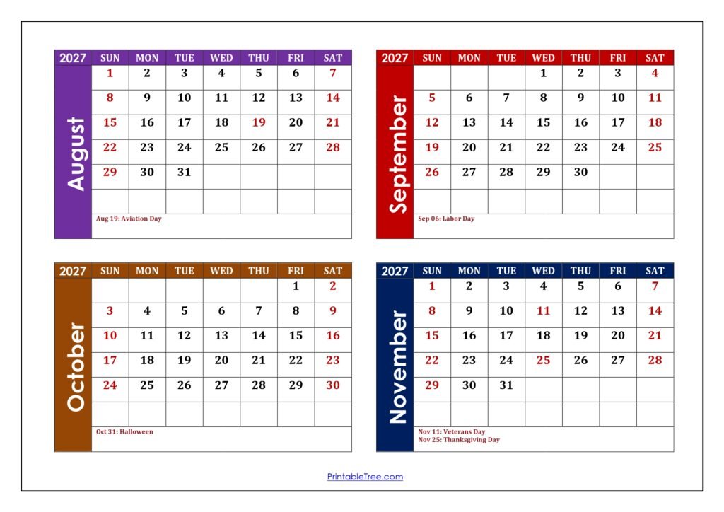 August 2027 to November 2027 Calendar with Holidays
