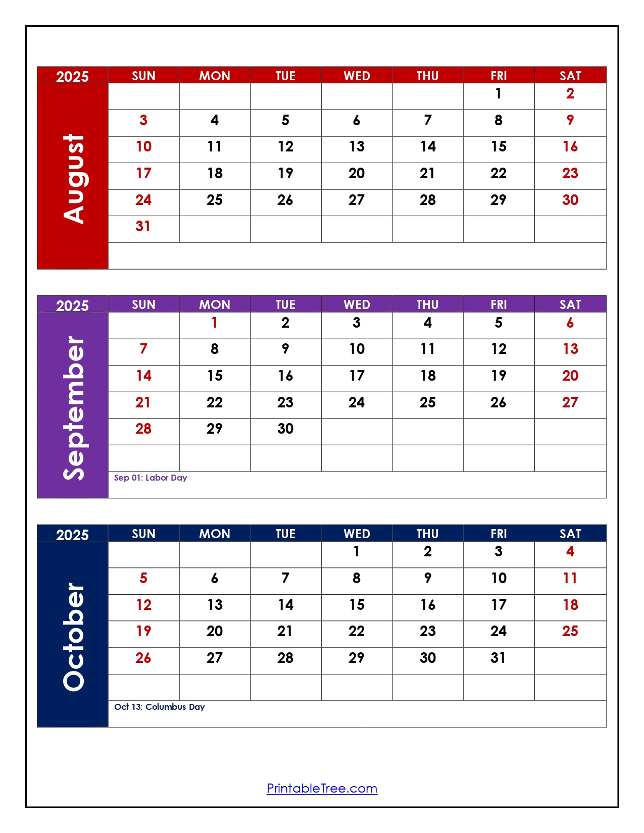 August to October 2025 Calendar Printable PDF | Three Months Calendar
