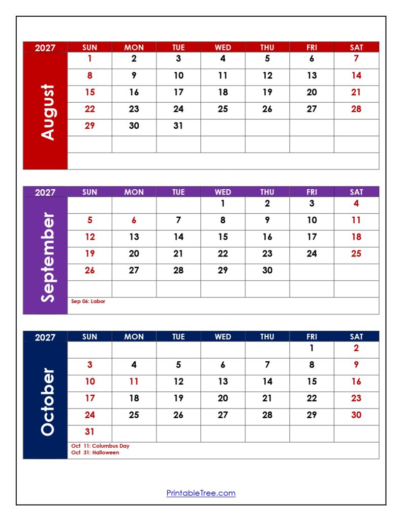 August to October 2027 Calendar with Holidays