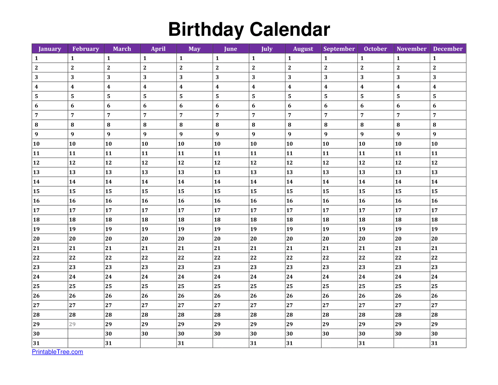 Free Printable Birthday Calendar PDF Templates