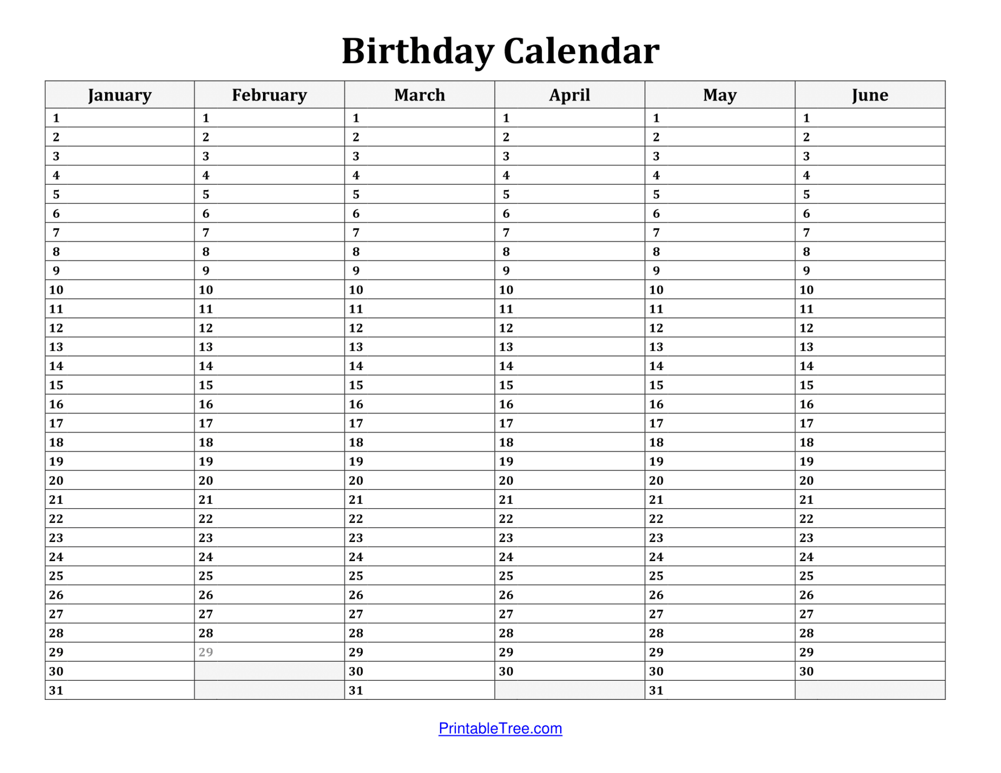 Free Printable Birthday Calendar PDF Templates