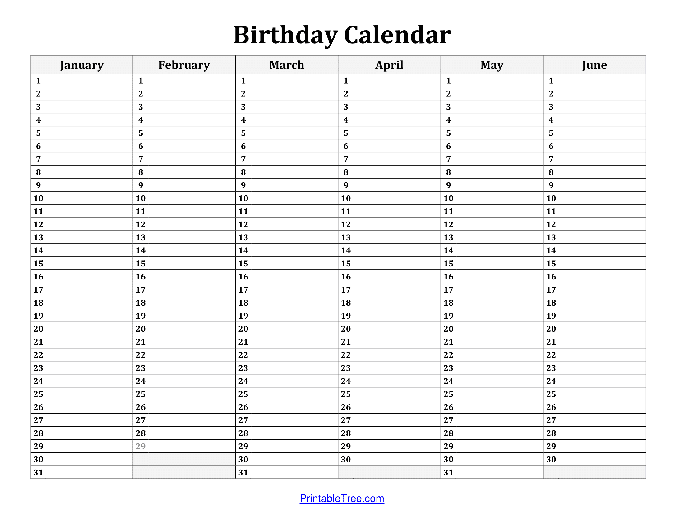 Free Birthday Calendar Printable PDF Templates Printable Tree