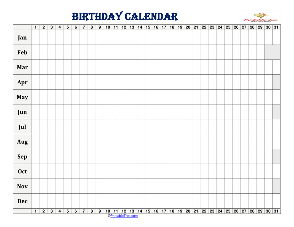 Birthday Calendar Landscape Linear