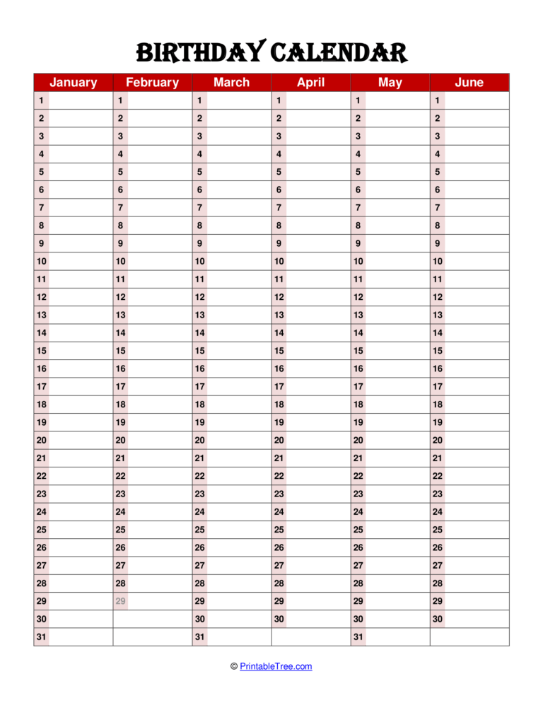 Free Printable Birthday Calendar PDF Templates