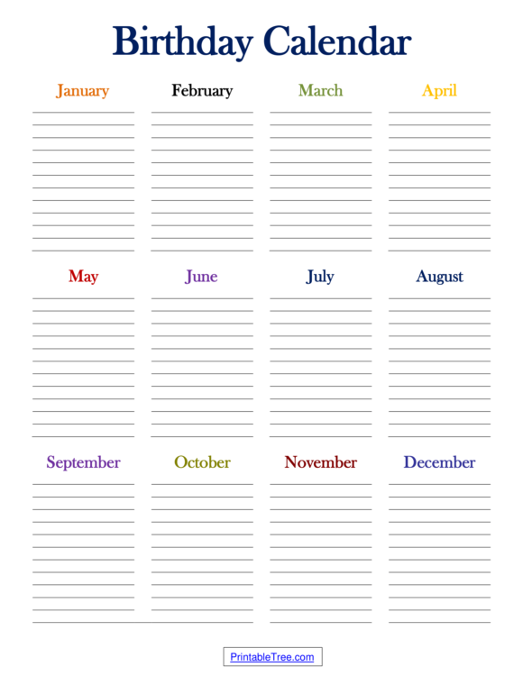 Free Printable Birthday Calendar PDF Templates