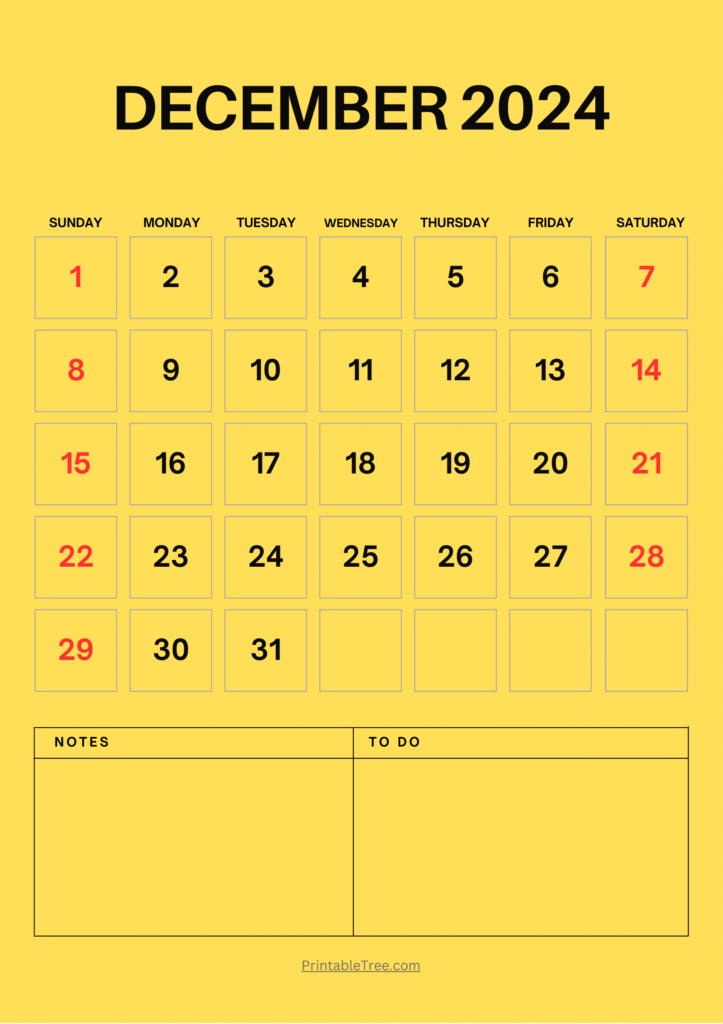 December 2024 Calendar Yellow Portrait with To Do List