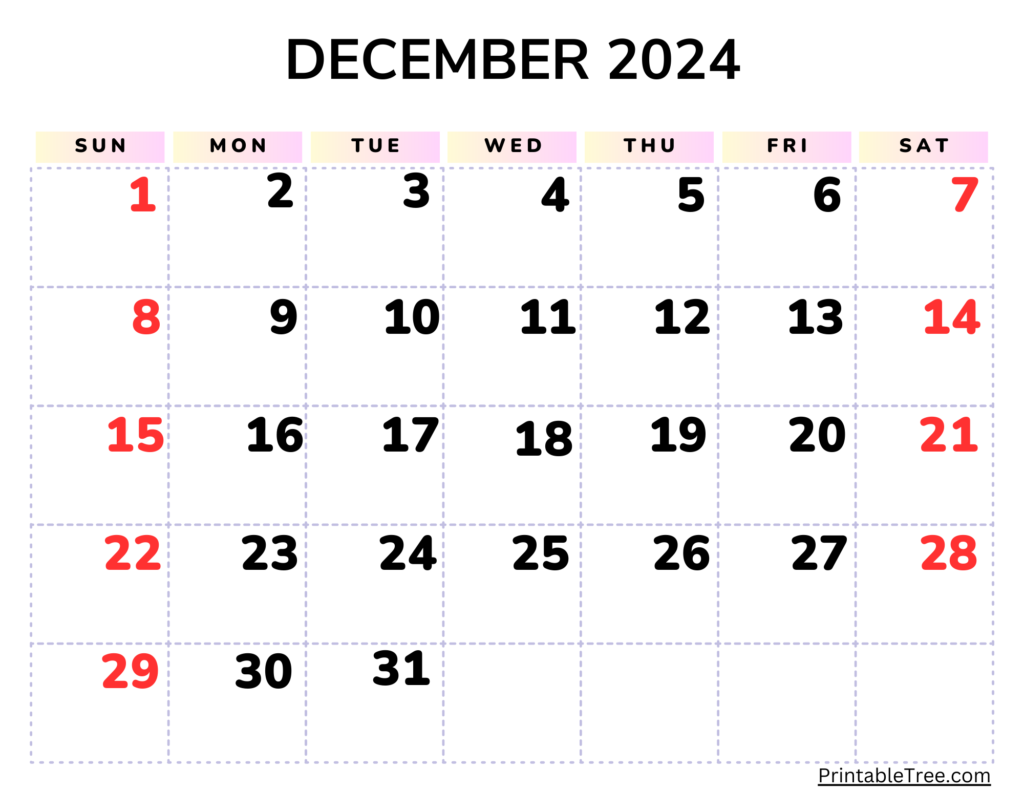 December 2024 Calendar with Large Numbers
