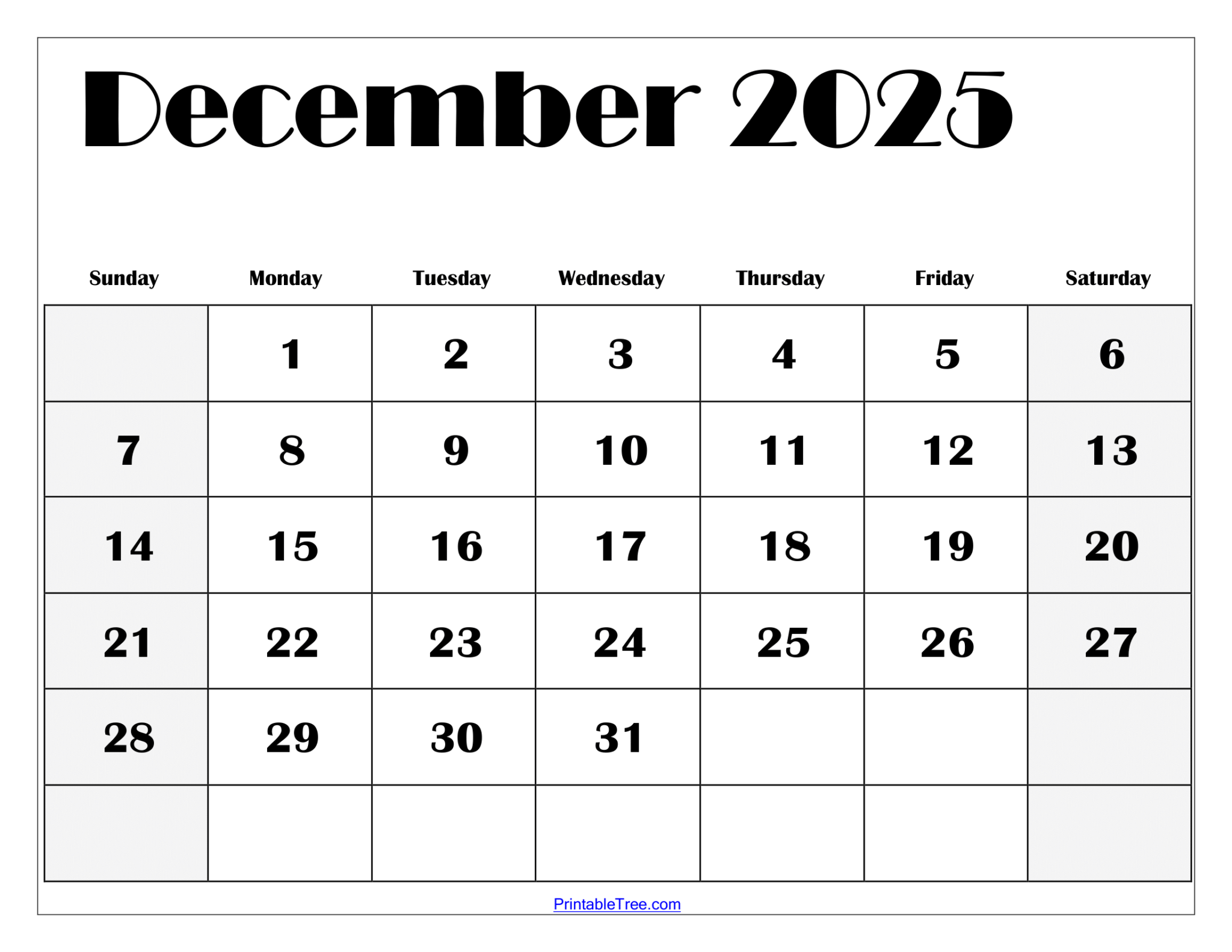 December 2025 Calendar Printable PDF Template with Holidays