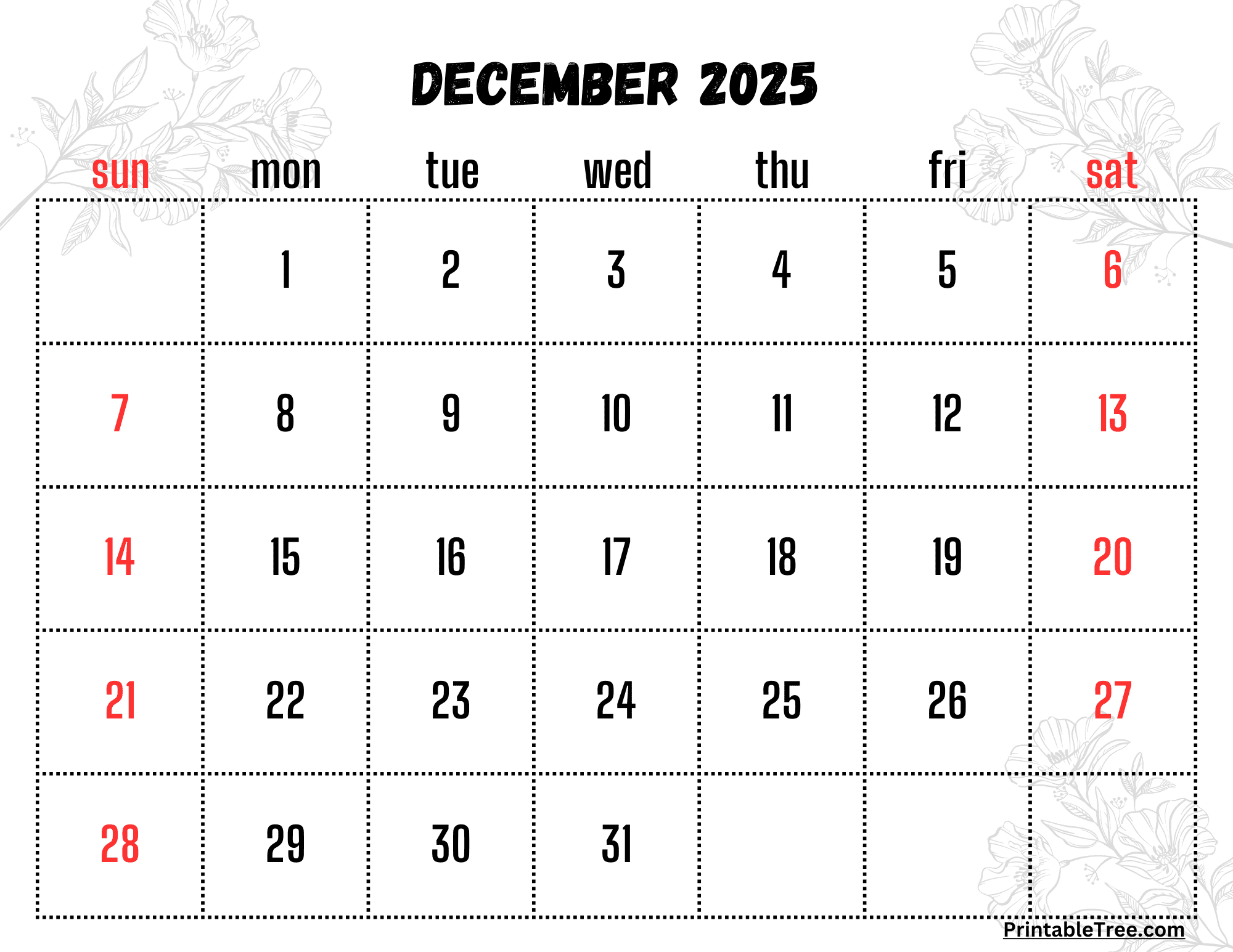 December 2025 Calendar Floral