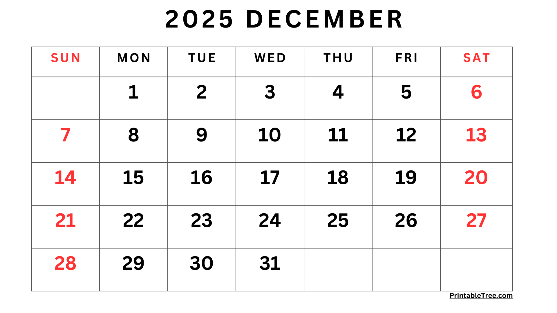 Blank December 2025 Calendar Printable Pdf