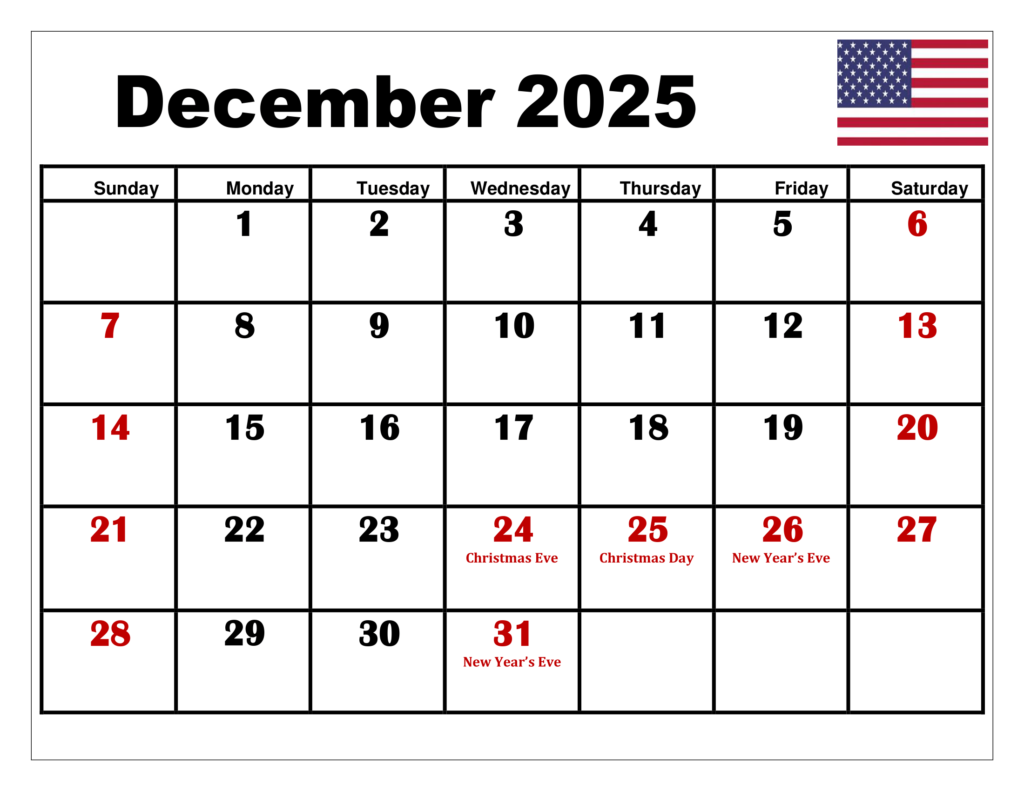 Decmeber 2025 Printable Calendar