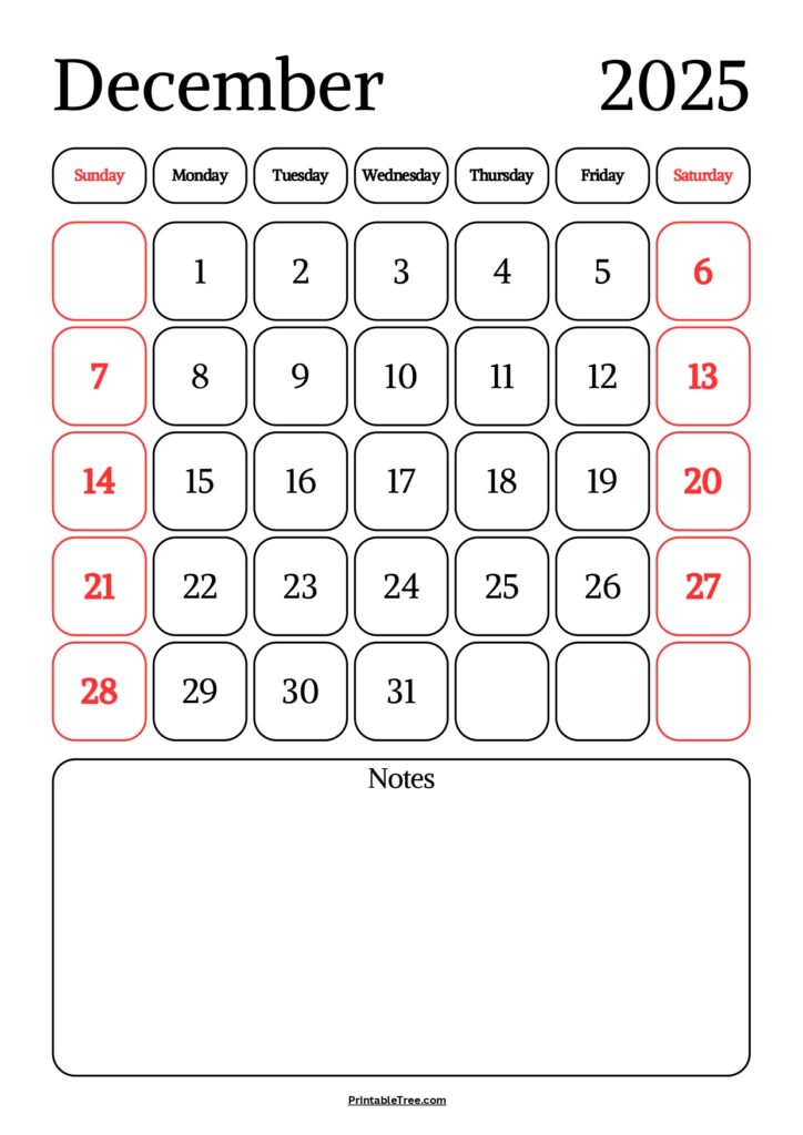 December 2025 Calendar with notes