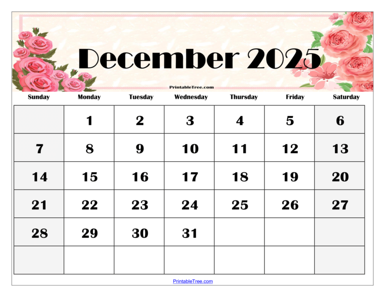 December 2025 Calendar Printable PDF Template with Holidays