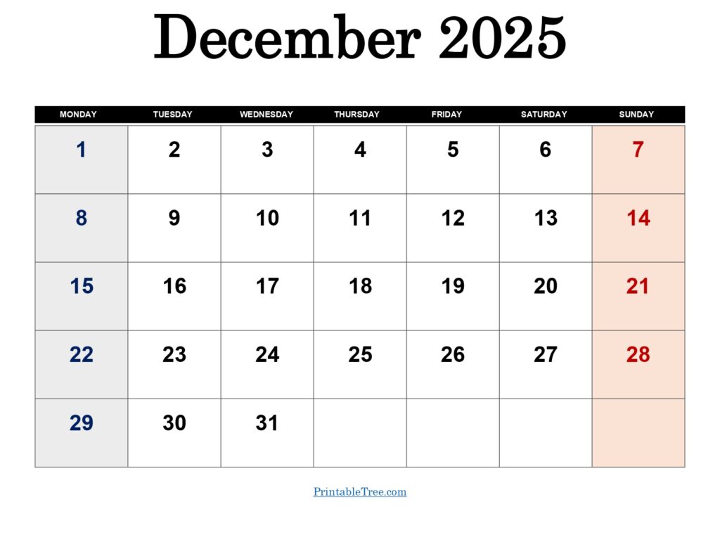 December 2025 Monday Start Calendar