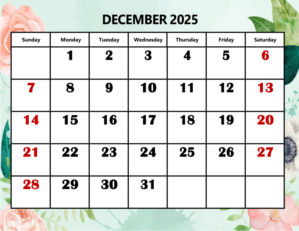 December 2025 Rose and Leaf Background Calendar