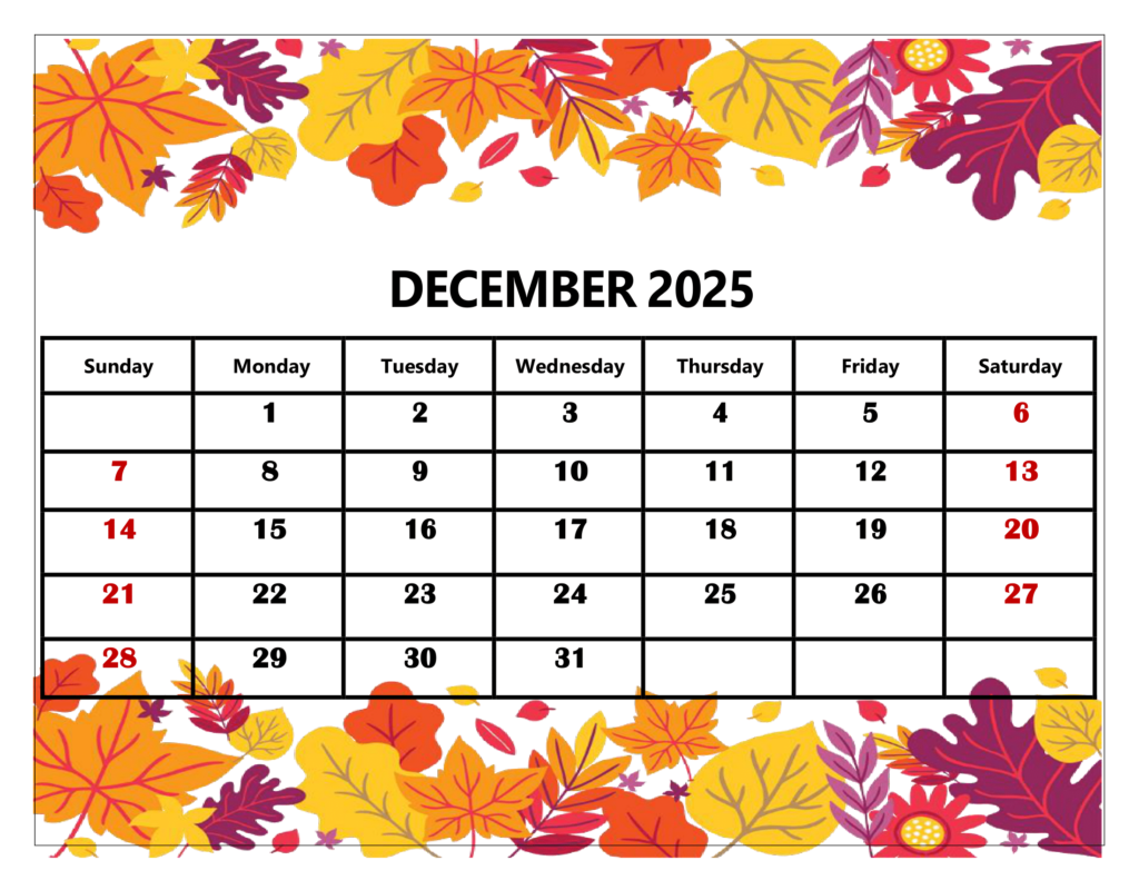 December 2025 Yellow Leaf Calendar Printable