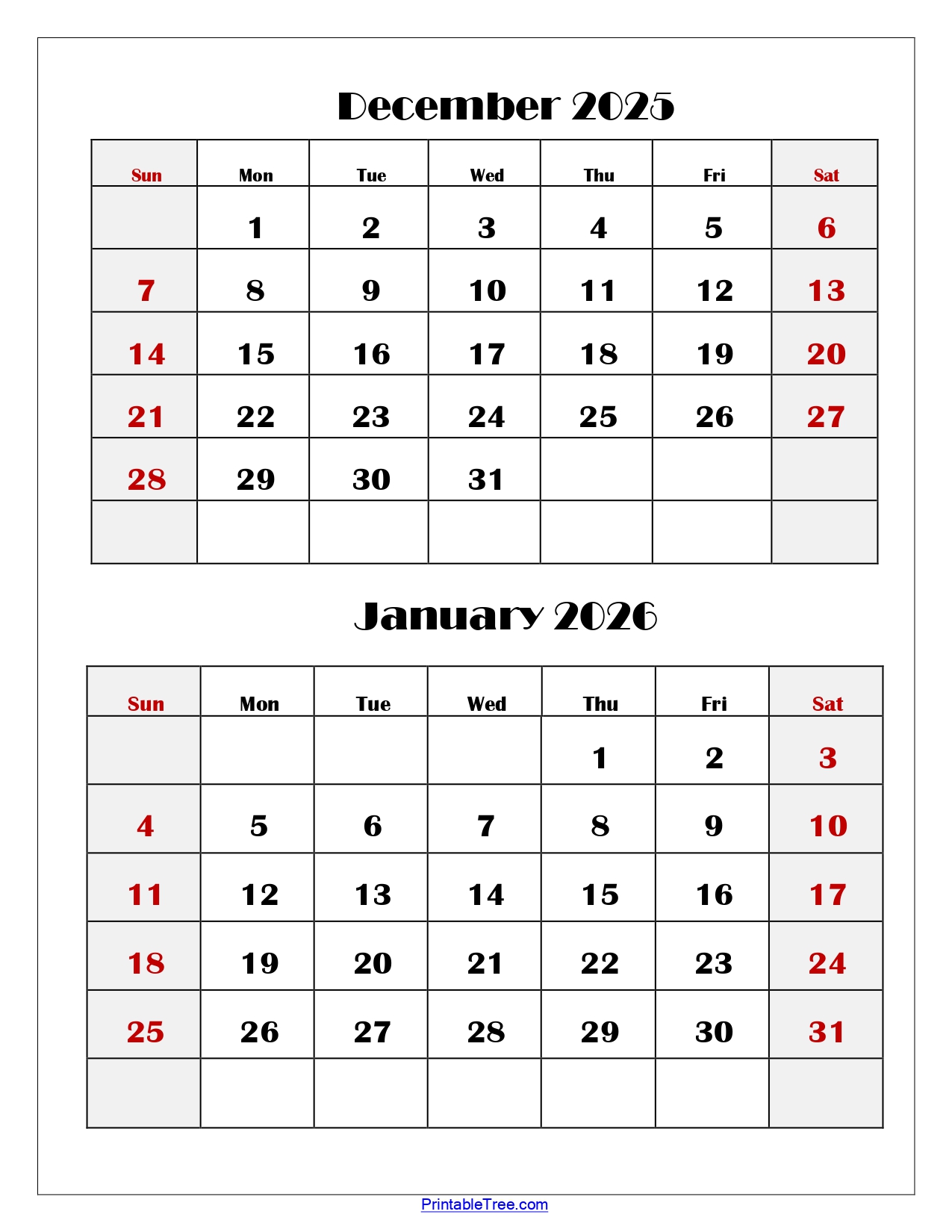 December and January 2026 Calendar Printable PDF | Two Months Calendar