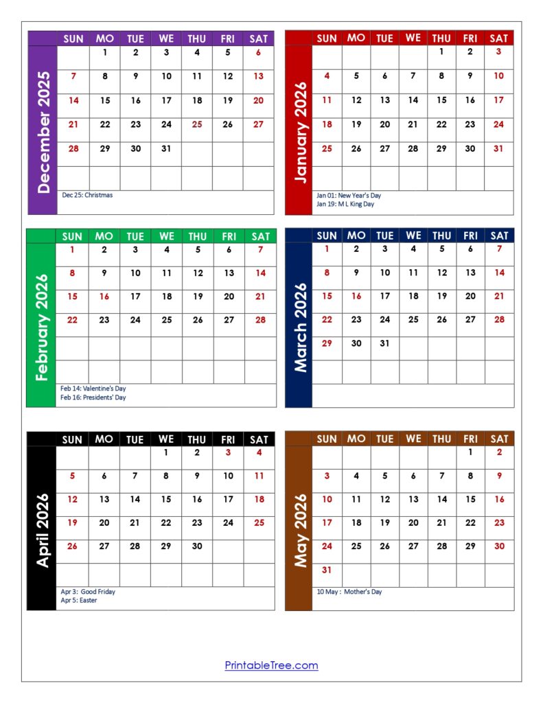 December 2025 to May 2026 Calendar with Holidays