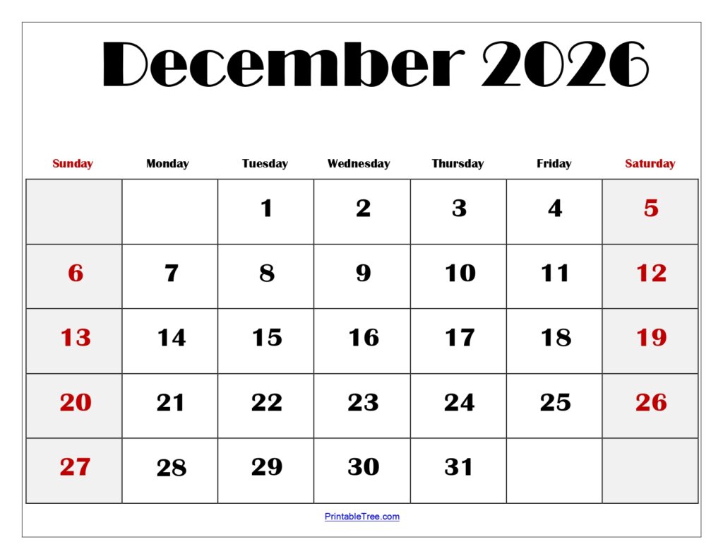 December 2026 Blank Printable Calendar