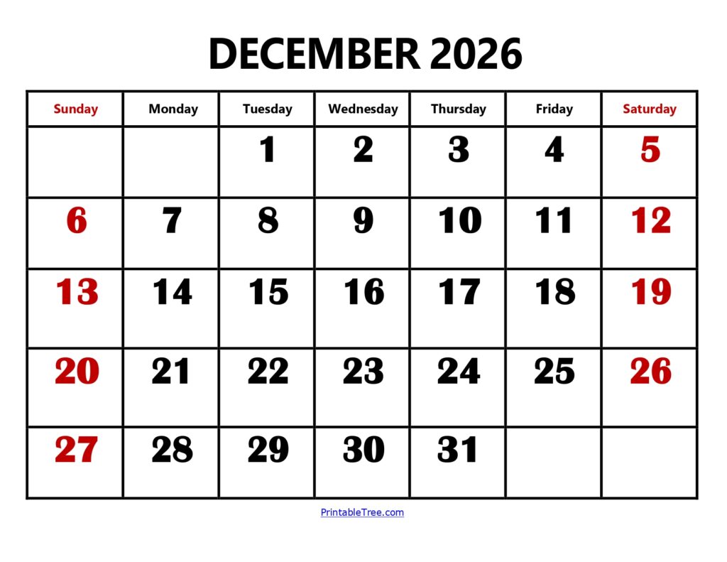 December 2026 Calendar Large Number