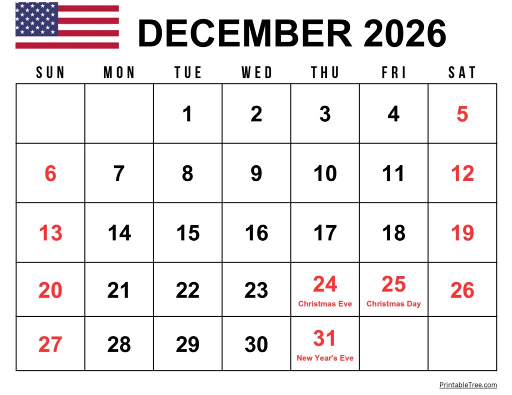 December 2026 Calendar with US Holidays