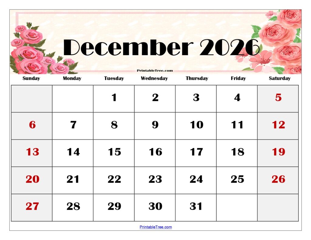 December 2026 Floral Calendar Printable