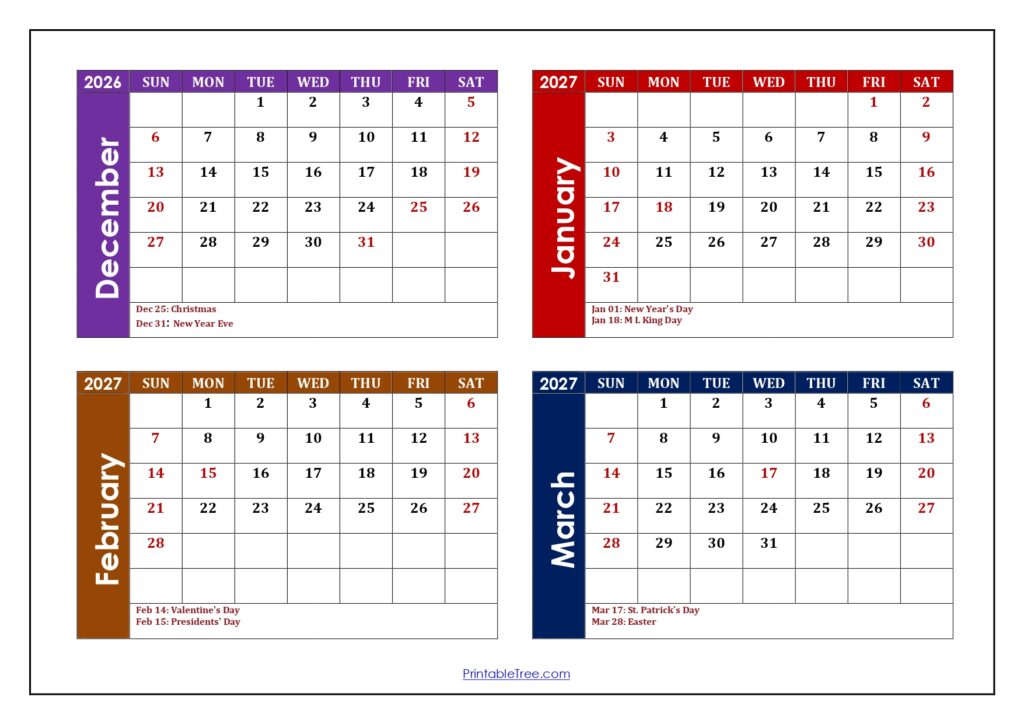 December 2026 to March 2027 Calendar with Holidays
