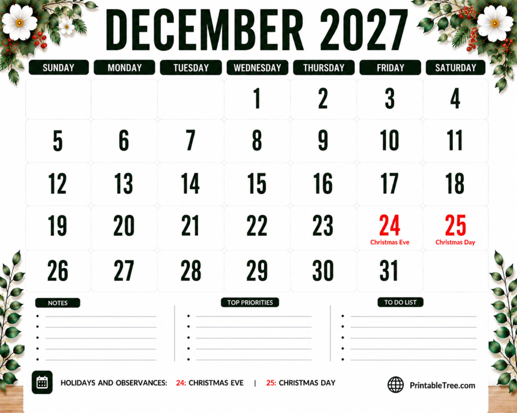 December 2027 Calendar Floral Style