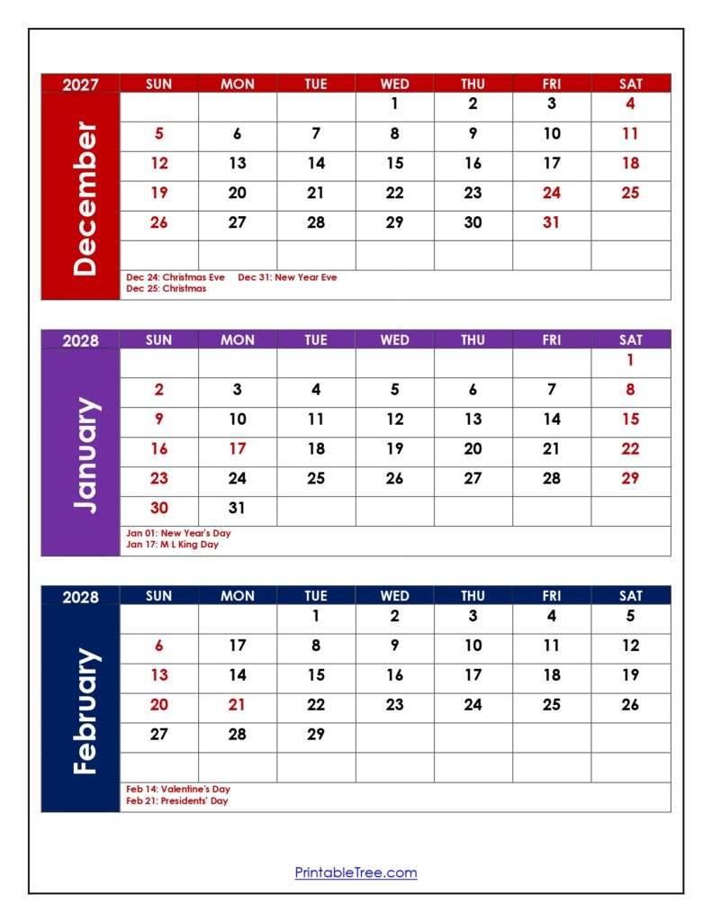 December 2027 to February 2028 Calendar with Holidays
