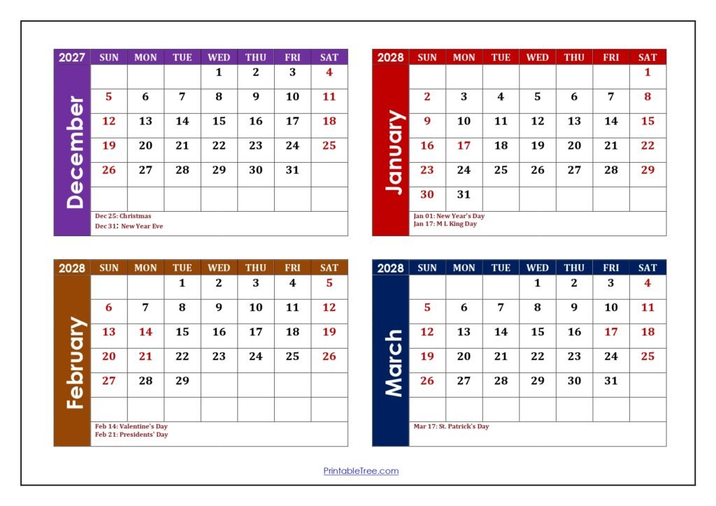 December 2027 to March 2028 Calendar with Holidays