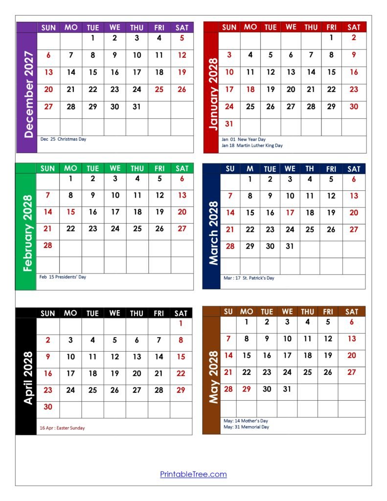 December 2027 to May 2028 Calendar with Holidays