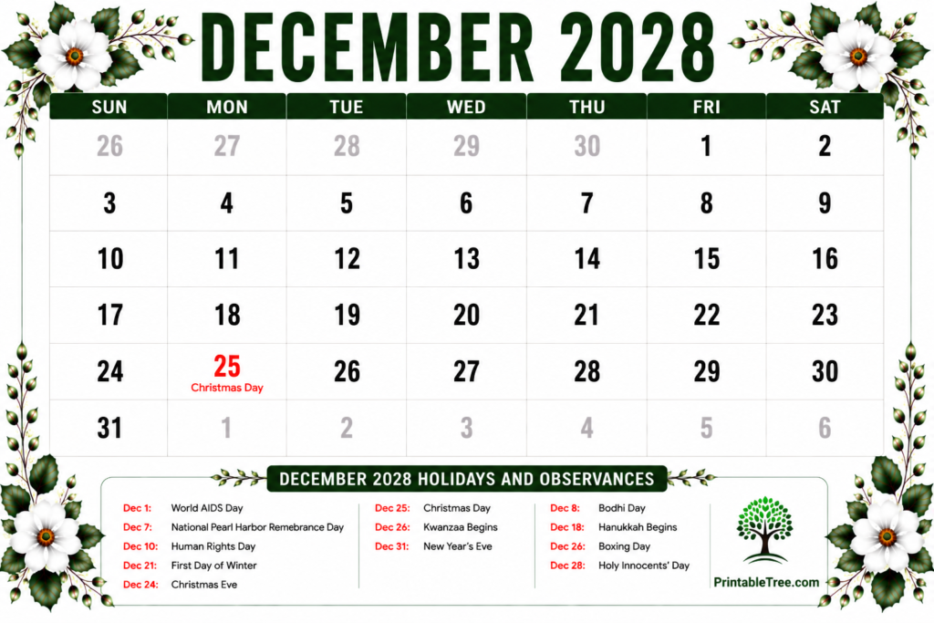 December 2028 Calendar with Holidays