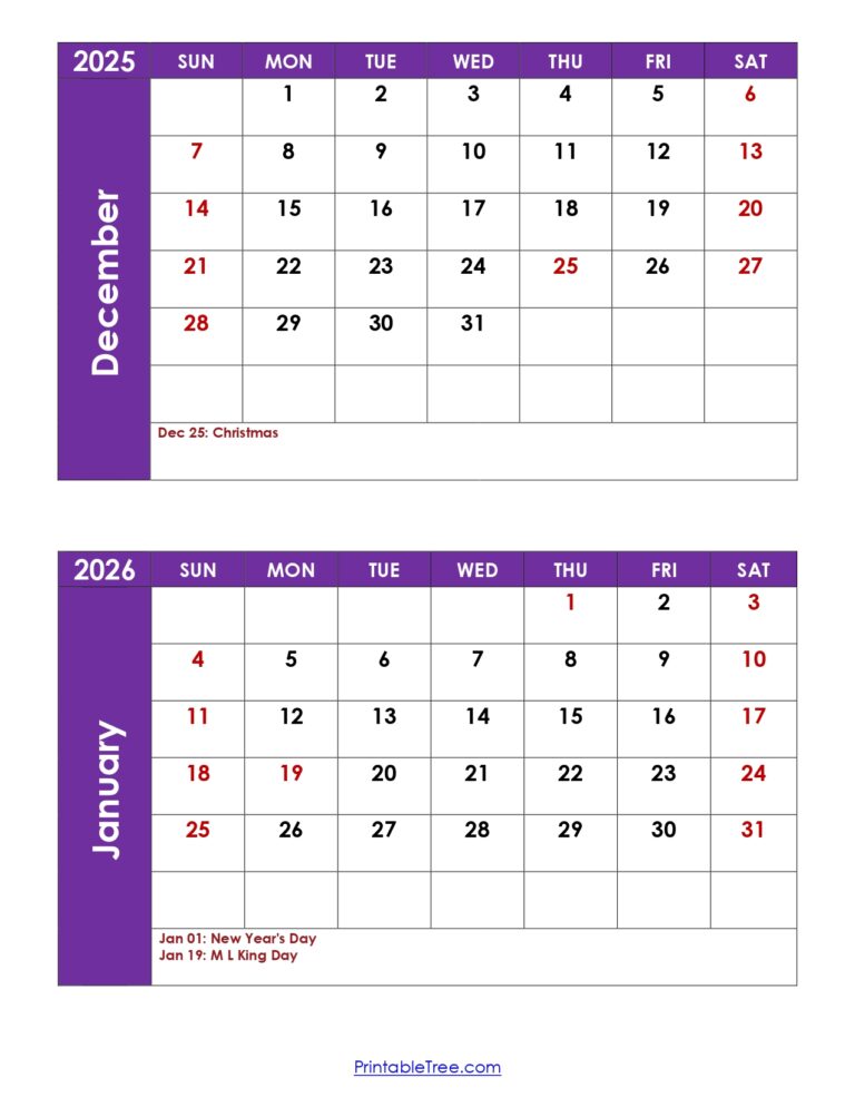 December and January 2026 Calendar Printable PDF | Two Months Calendar
